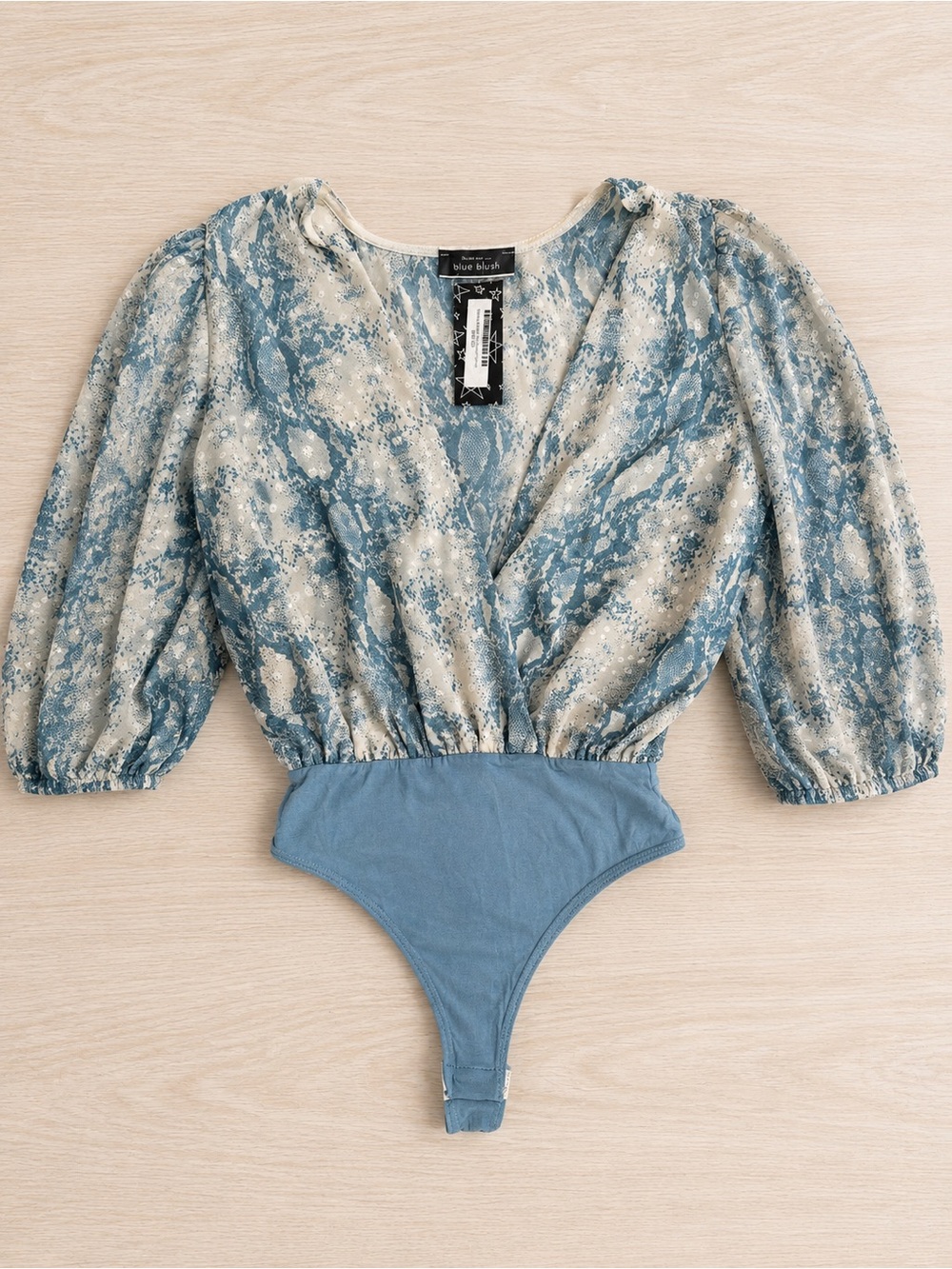 NWT Blue Blush Snake Print Wrap Bodysuit Small Blue Marble Puff Sleeve Boutique